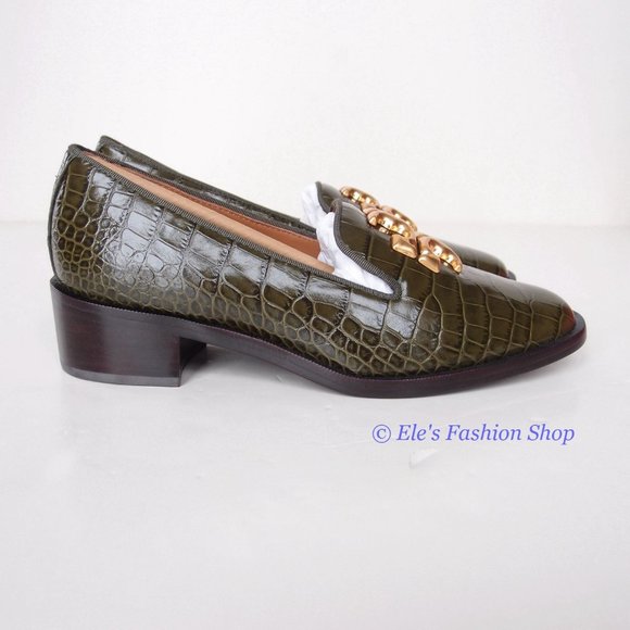 NIB Tory Burch Eleanor Heeled Loafer Croc Embossed Leather Leccio Green US7.5 - Picture 7 of 13